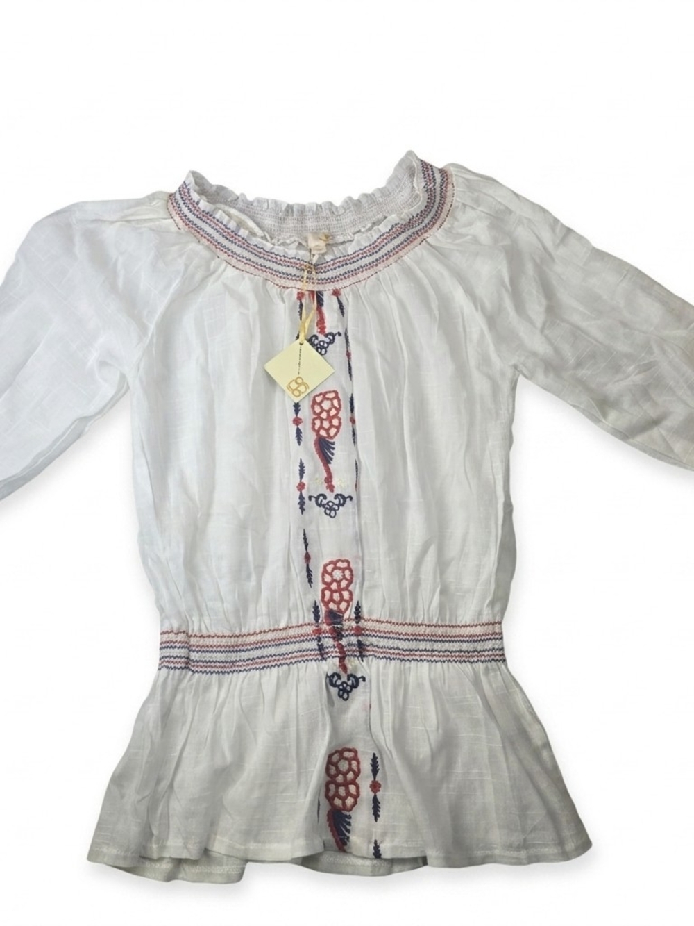 Ya Los Angeles White Peasant Blouse with Red and Navy Embroidery